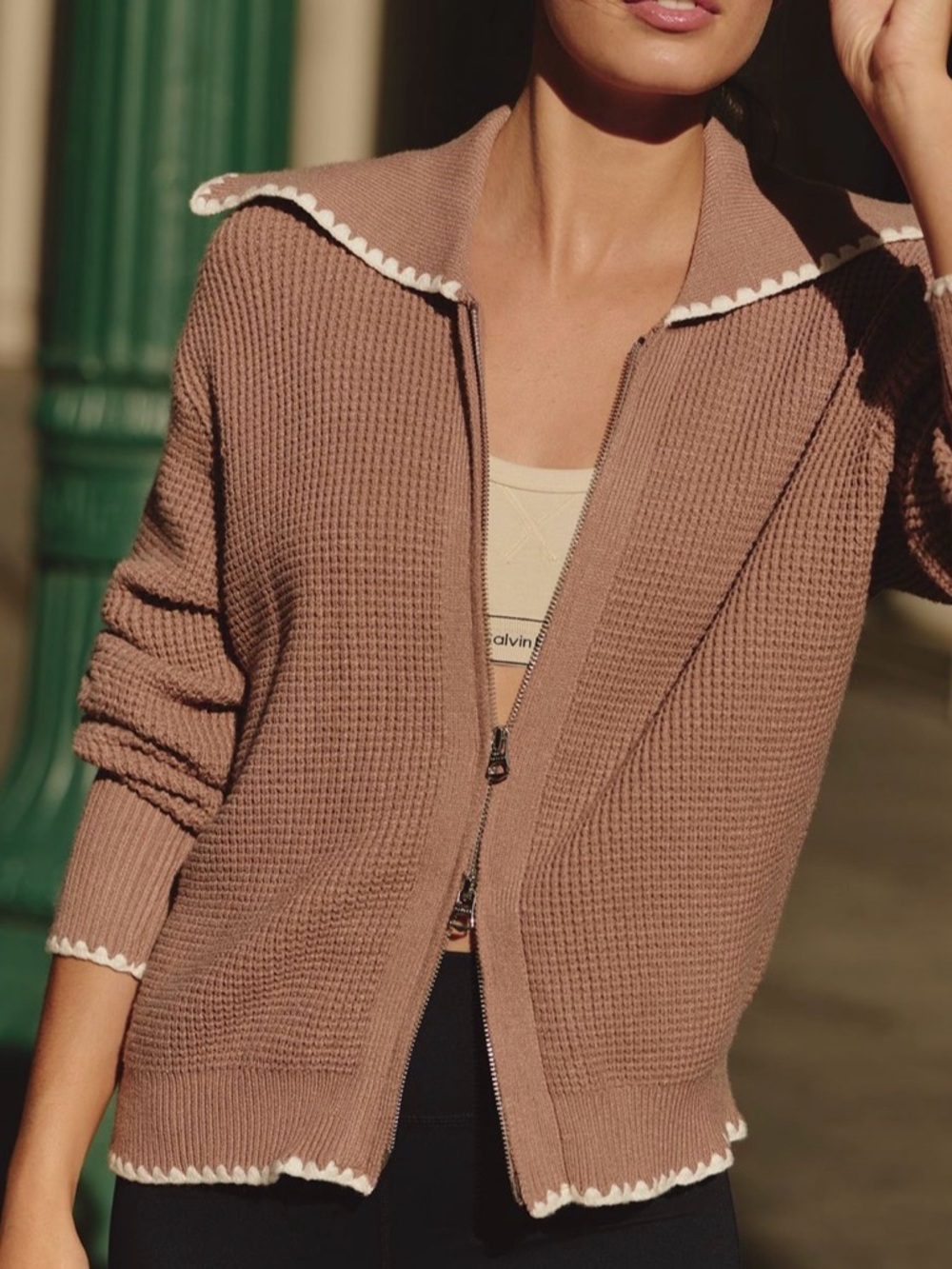 Varley Sibley Soft Knit Cardigan Ginger Snap with Cream Trim